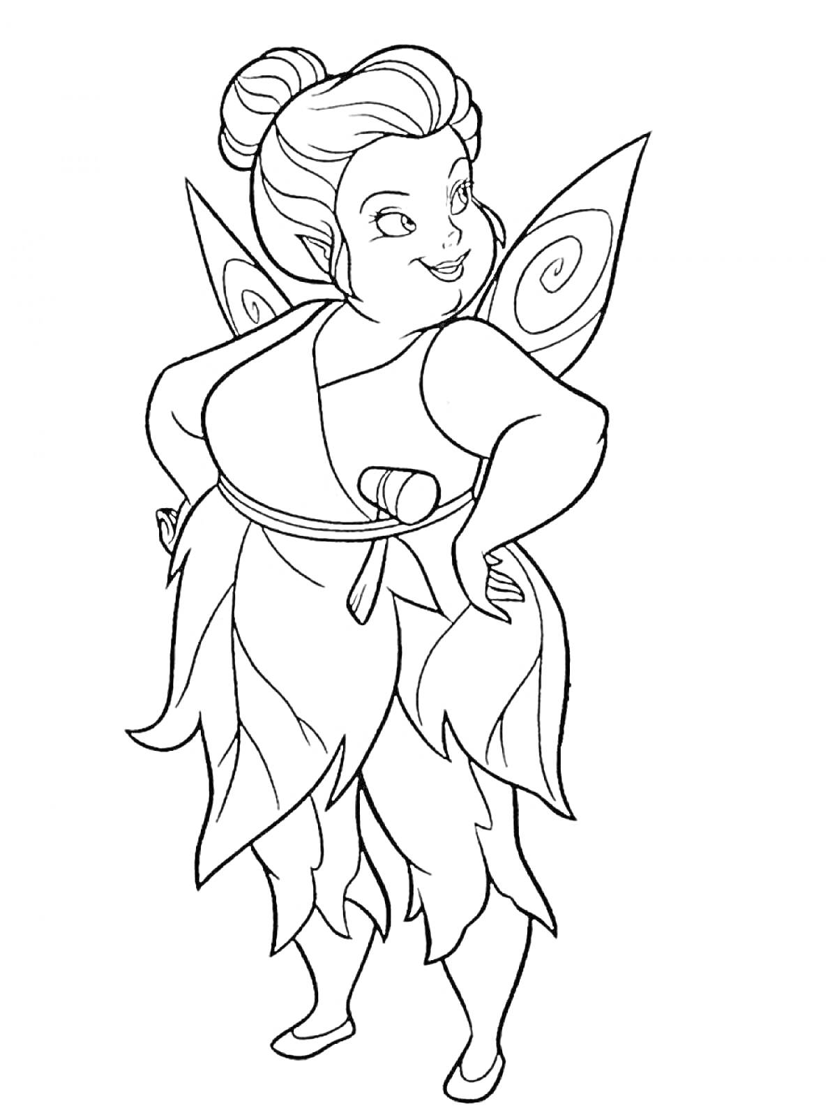 Раскраска Фея с крыльями и пучком на голове, в платье в стиле листьев