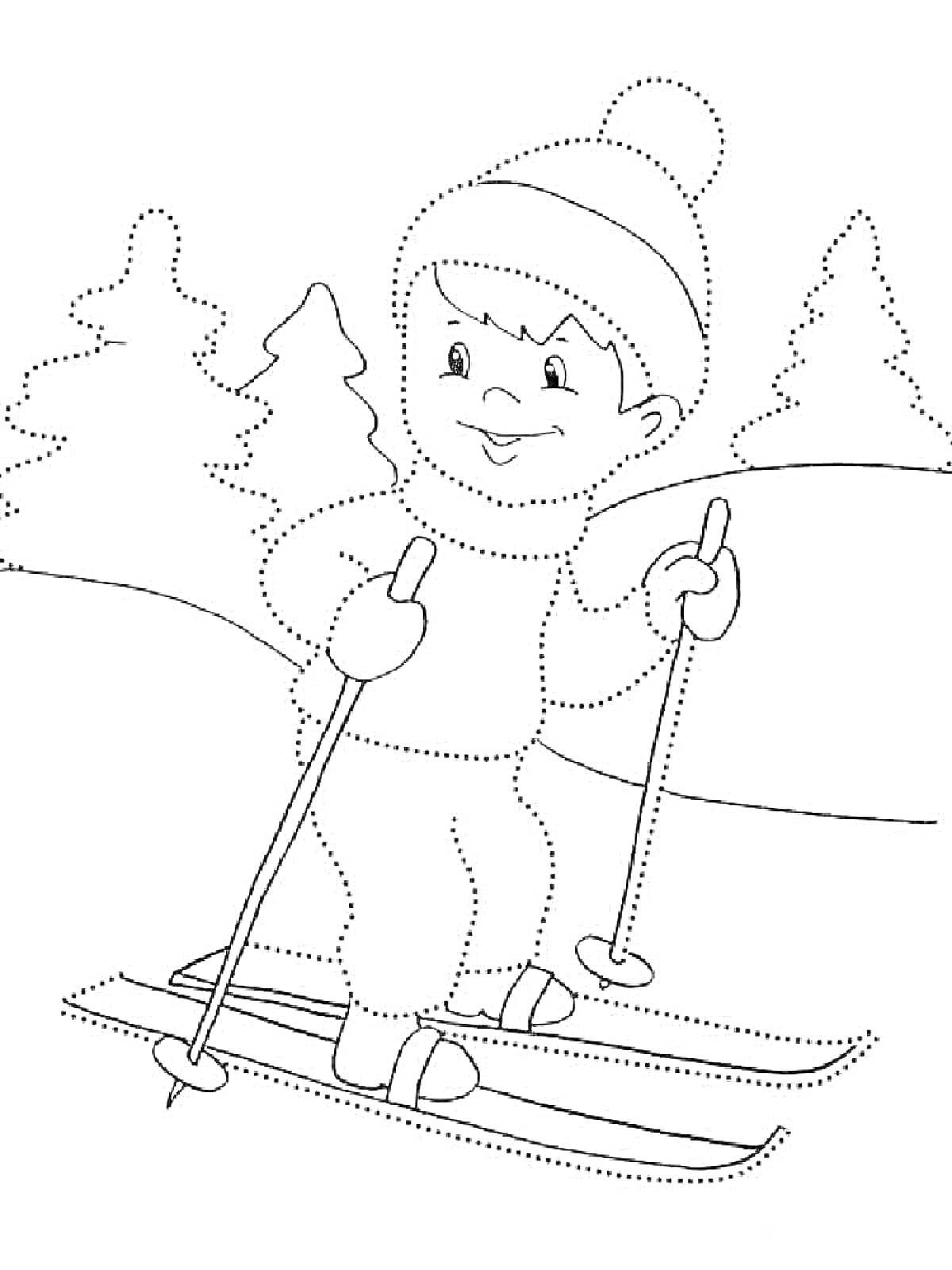 На раскраске изображено: Мальчик, Лыжи, Зимой, Снег, Пейзаж, Лес, Деревья, Зимний спорт, Активный отдых