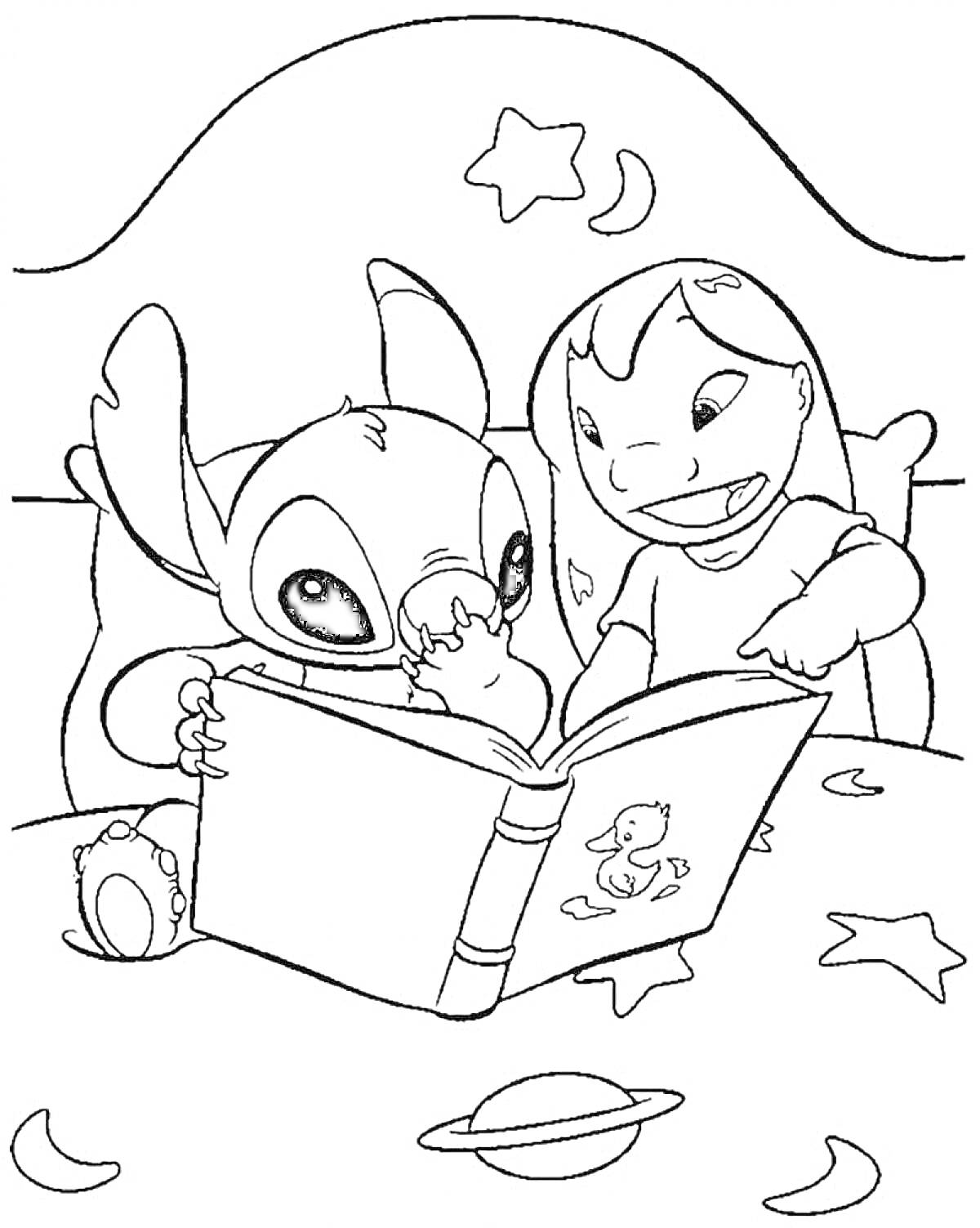 Раскраска Лило и Стич читают книгу в комнате с космическими элементами
