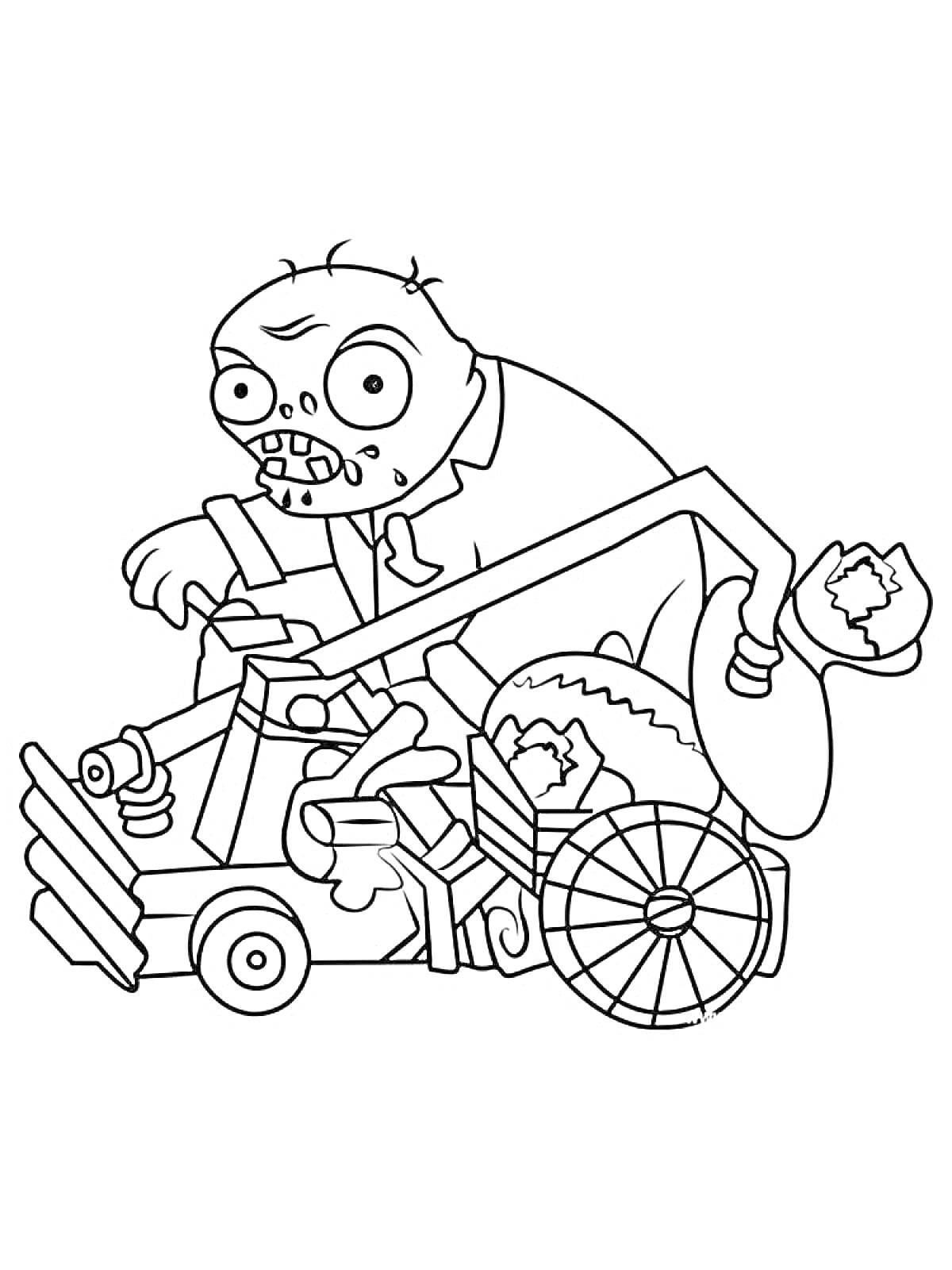 Зомби с инженерной тележкой, закрепленной на колёсах и окруженной инструментами и механизмами