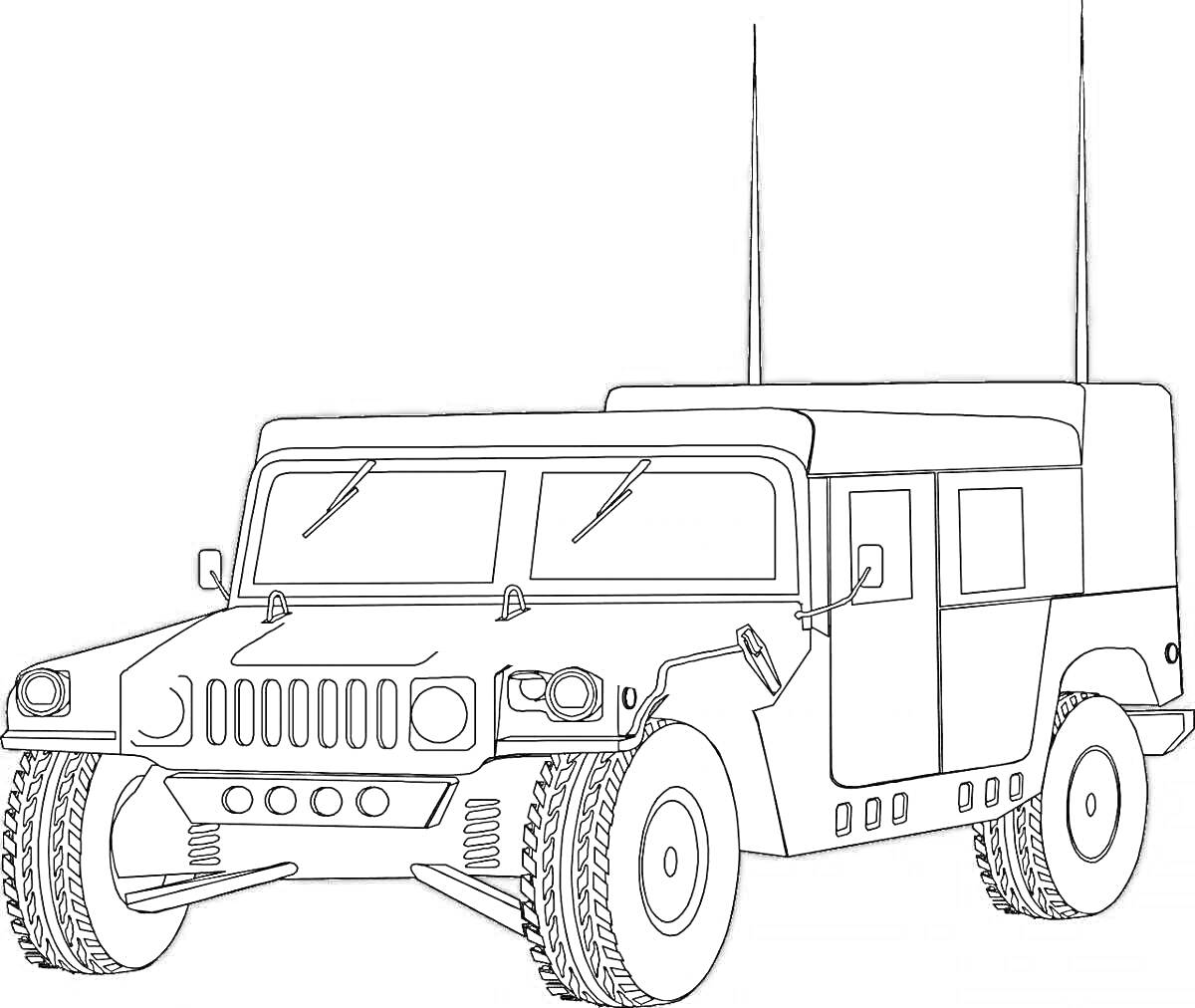 Раскраска Военный джип с антеннами и поворотниками