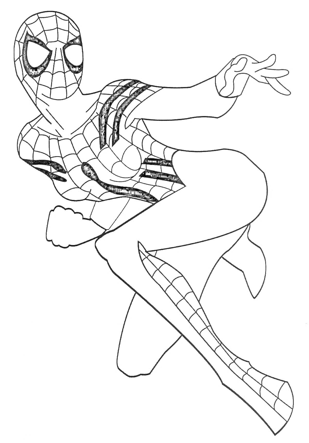 Раскраска Женщина-паук в супергеройском костюме с паучьей маской, в динамичной позе