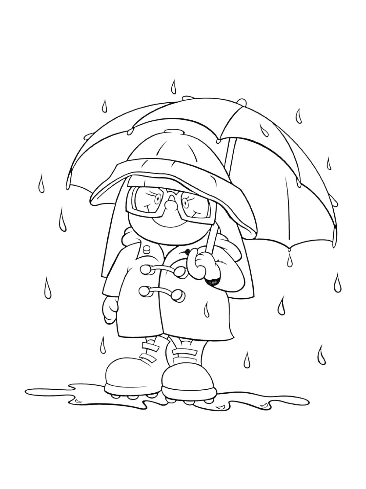На раскраске изображено: Ребёнок, Зонт, Дождь, Плащ, Очки, Лужа, Ботинки, Капли дождя, Шляпа