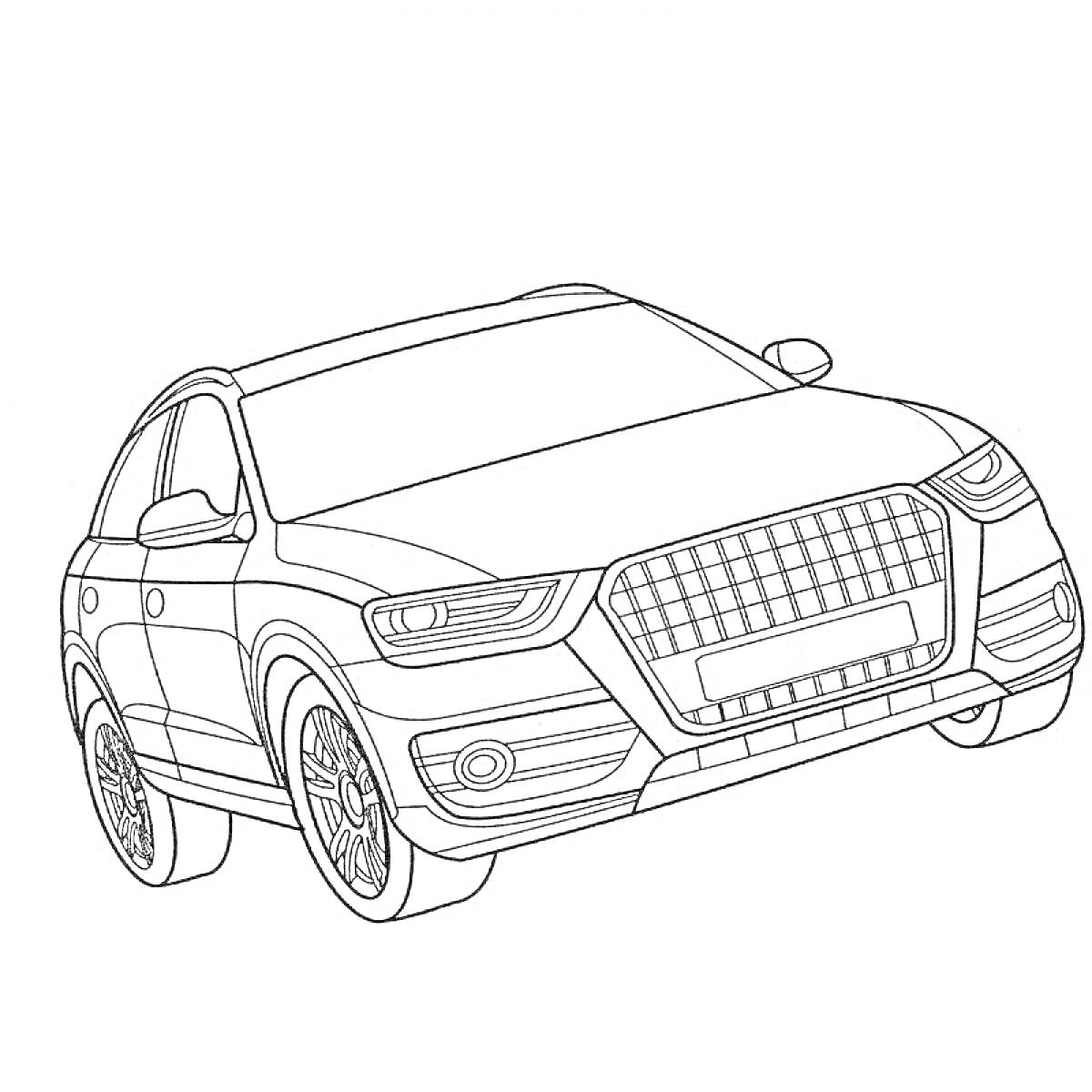 Раскраска Раскраска автомобиля Audi A6 с видимыми передними и задними фарами, решеткой радиатора, колесами и боковыми зеркалами