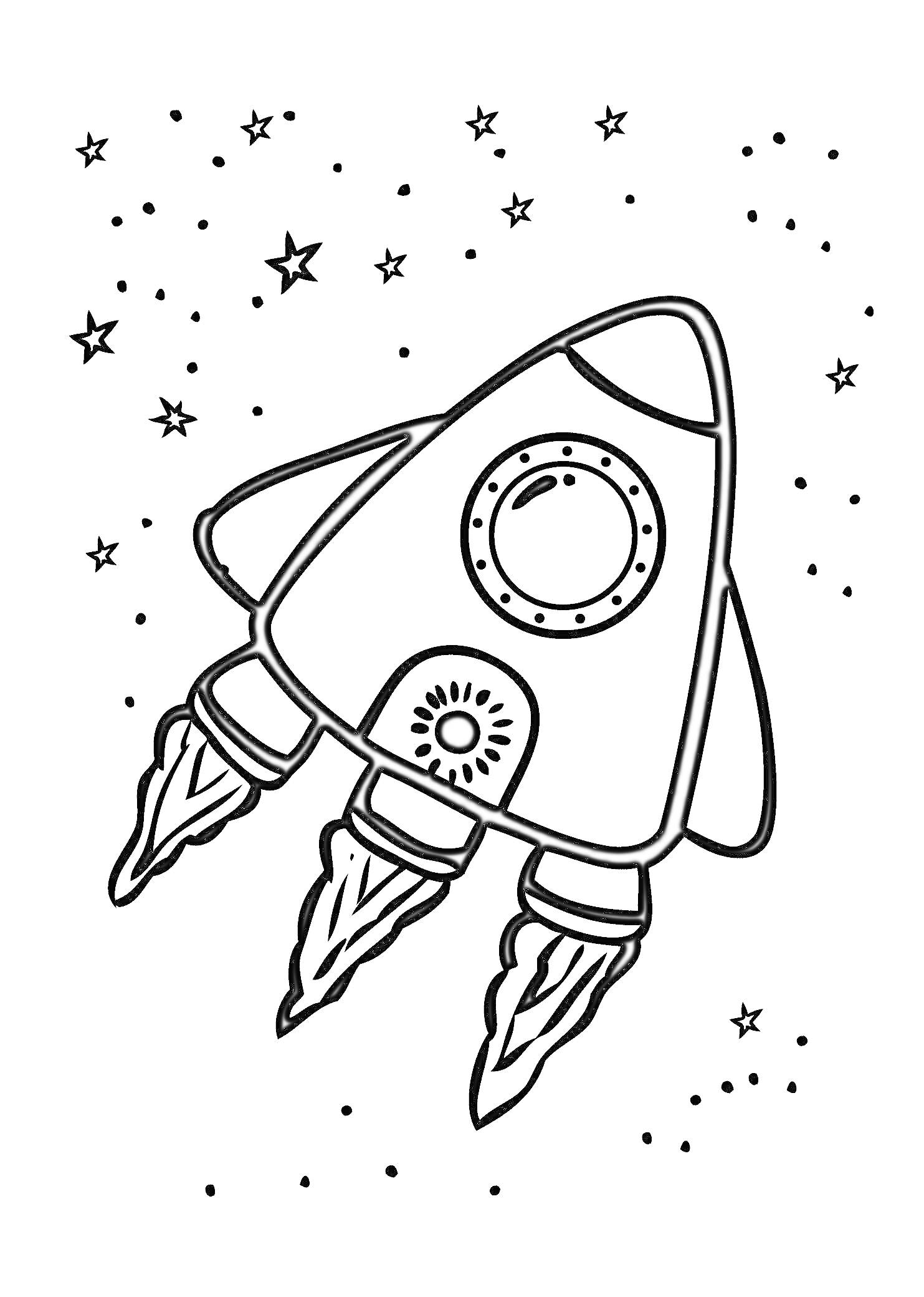На раскраске изображено: Космос, Ракета, Звезды, Иллюстрация, Огонь, Пространство, Окна
