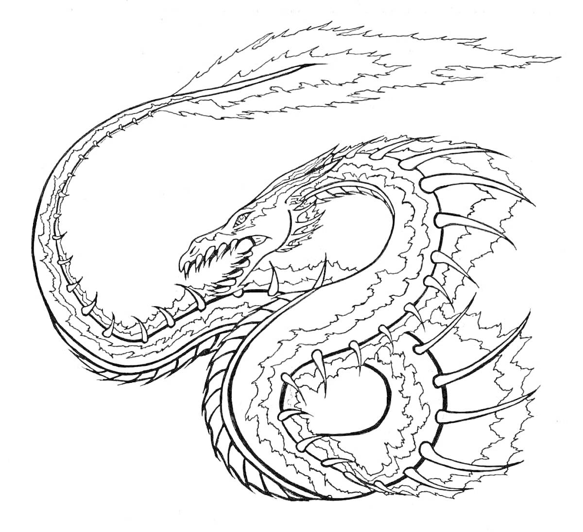 Раскраска Китайский дракон с огненным дыханием и чешуйчатым телом