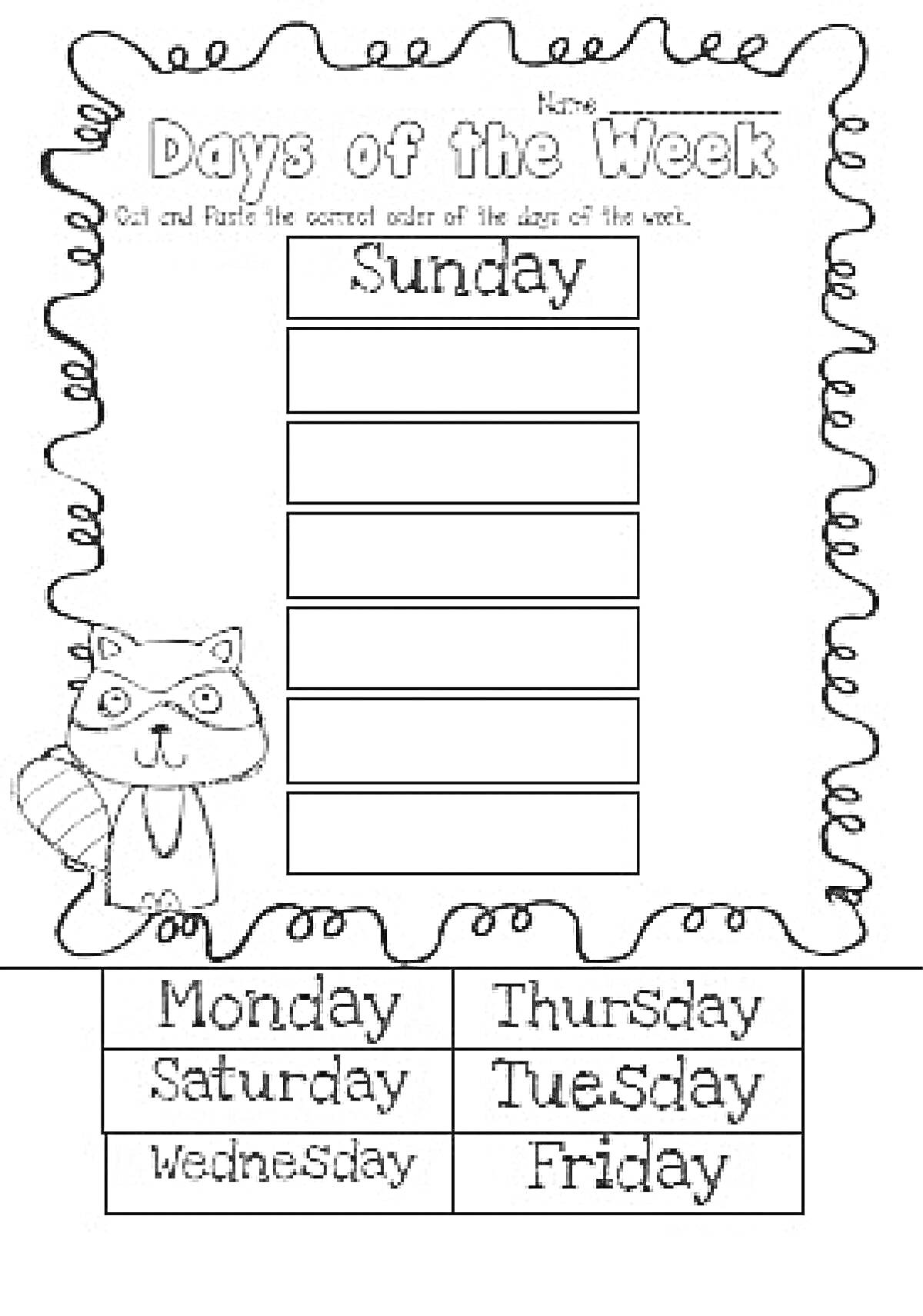 Раскраска Раскраска с енотом и днями недели на английском. Задание: вставить дни недели в правильном порядке