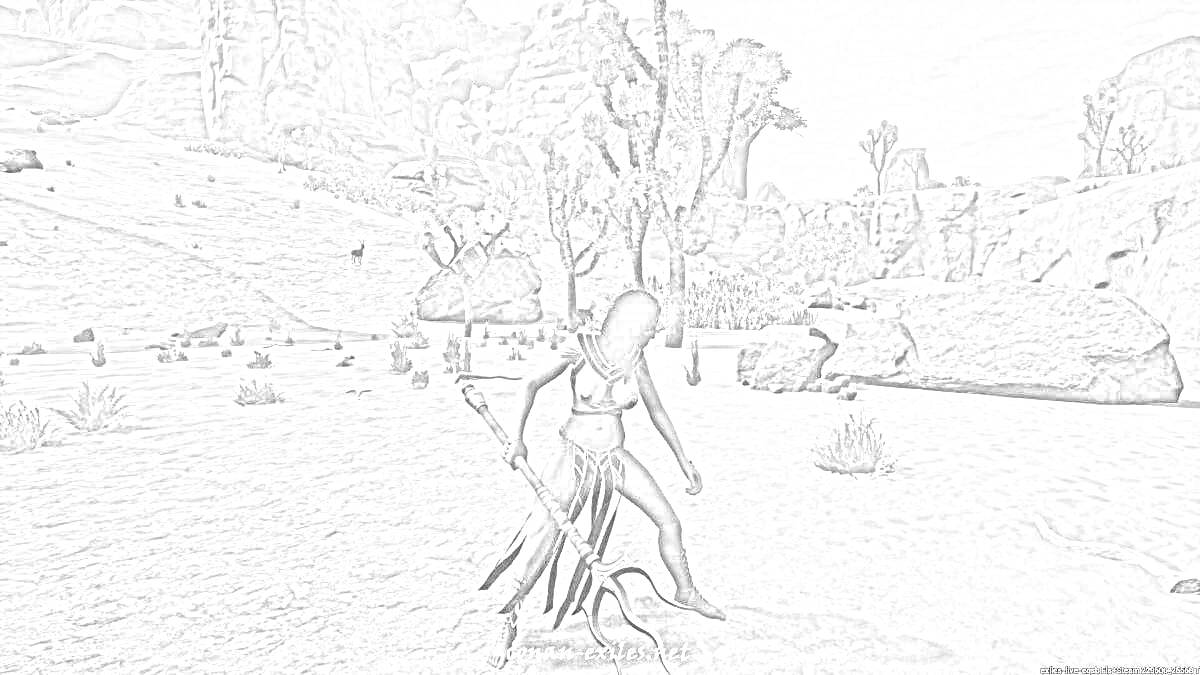 Воин в пустыне: персонаж с копьем на фоне скал и деревьев