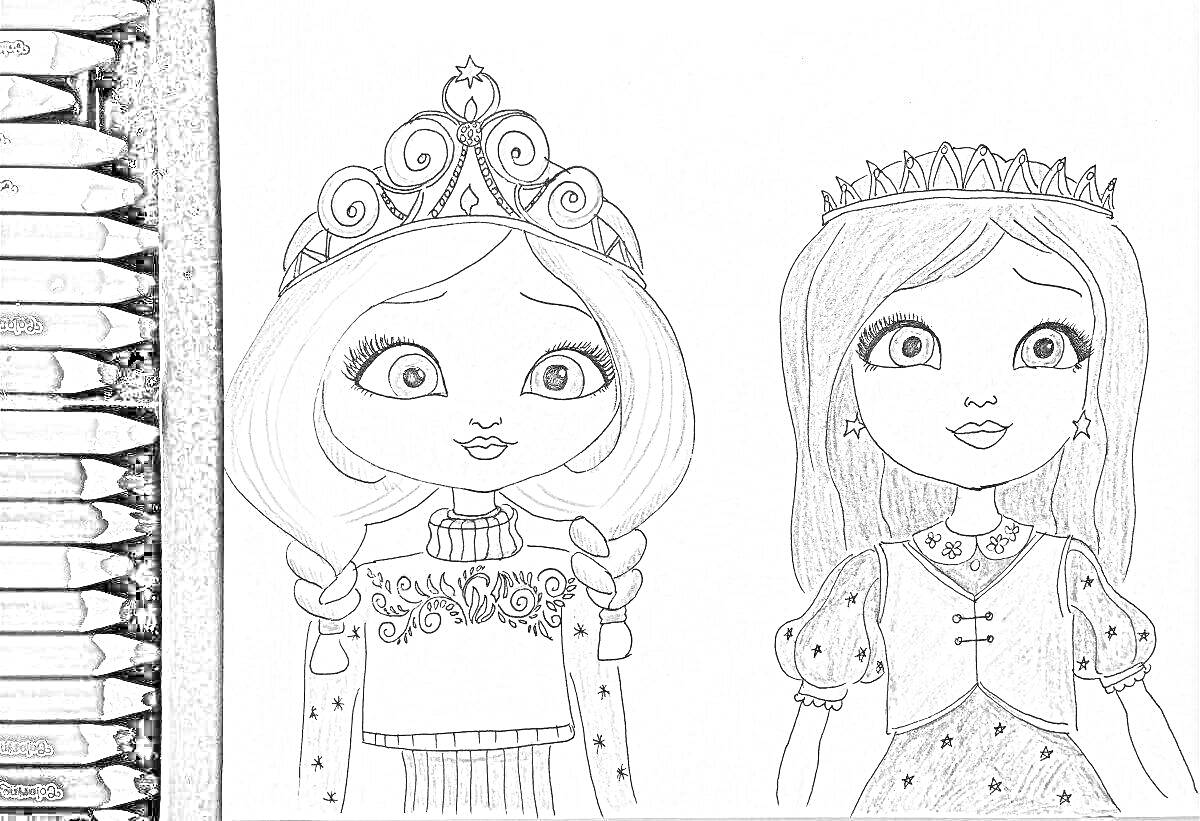 На раскраске изображено: Царевны, Две девочки, Свитер, Платье, Короткие волосы, Длинные волосы