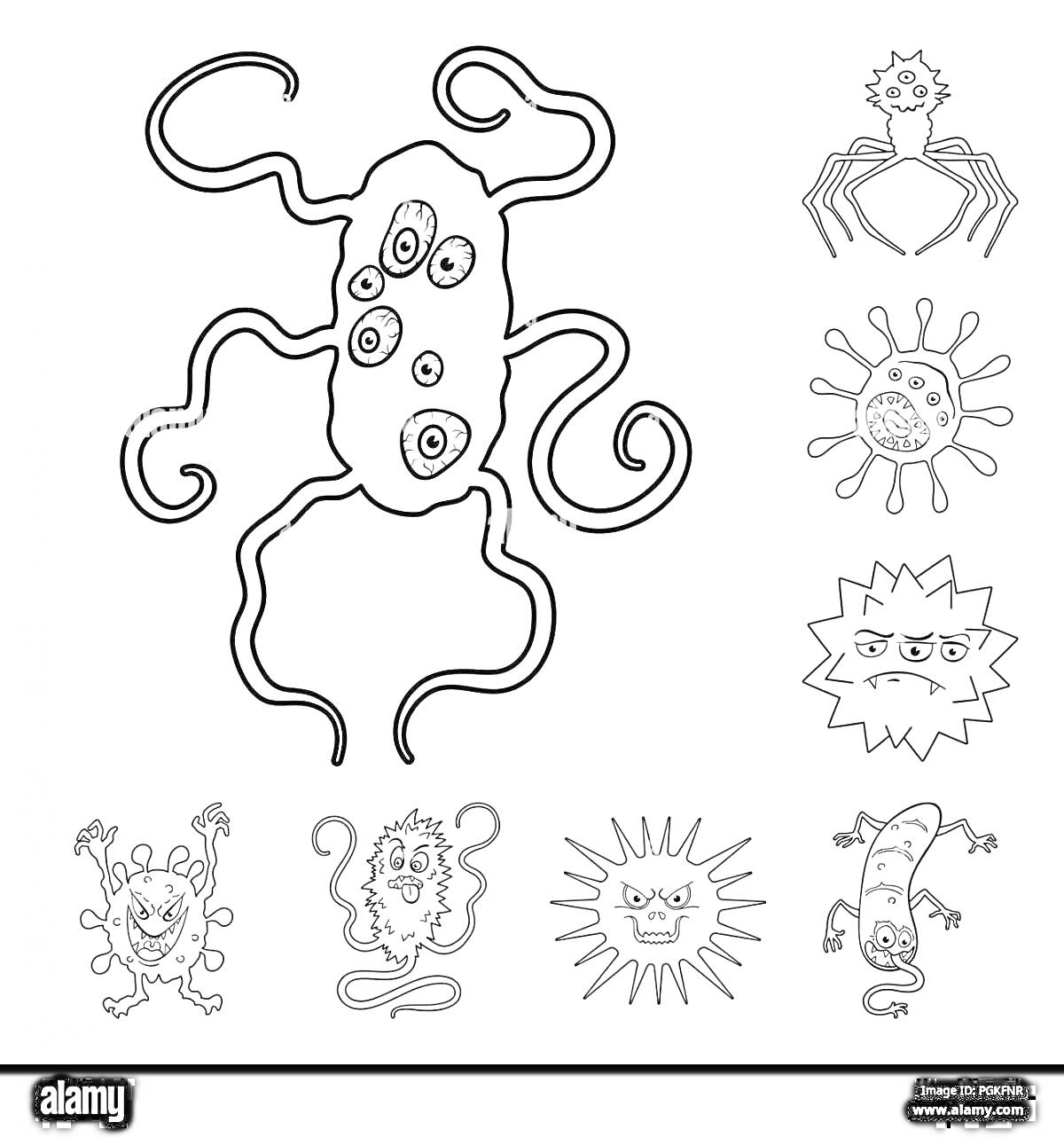 На раскраске изображено: Микробы, Бактерии, Щупальца, Глаза, Слизь, Очертания, Творчество