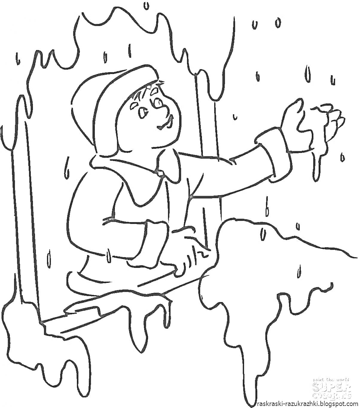 На раскраске изображено: Ребенок, Зима, Зимняя одежда, Сосульки, Крыша, Осторожность, Снег, Кисть руки