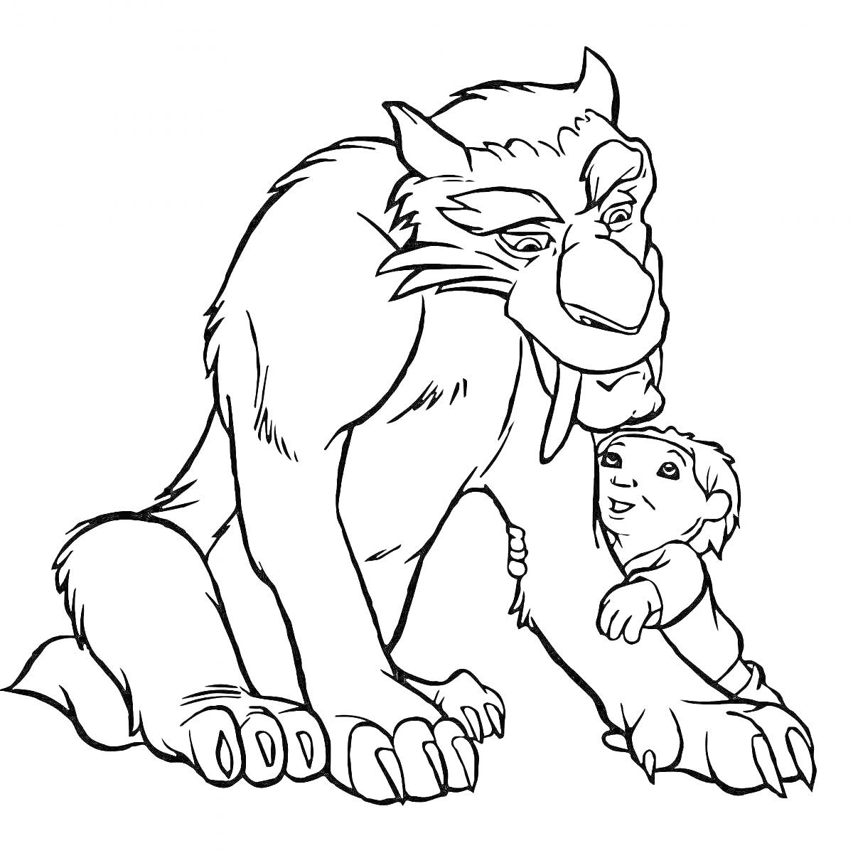 Раскраска Саблезубый тигр и ребенок