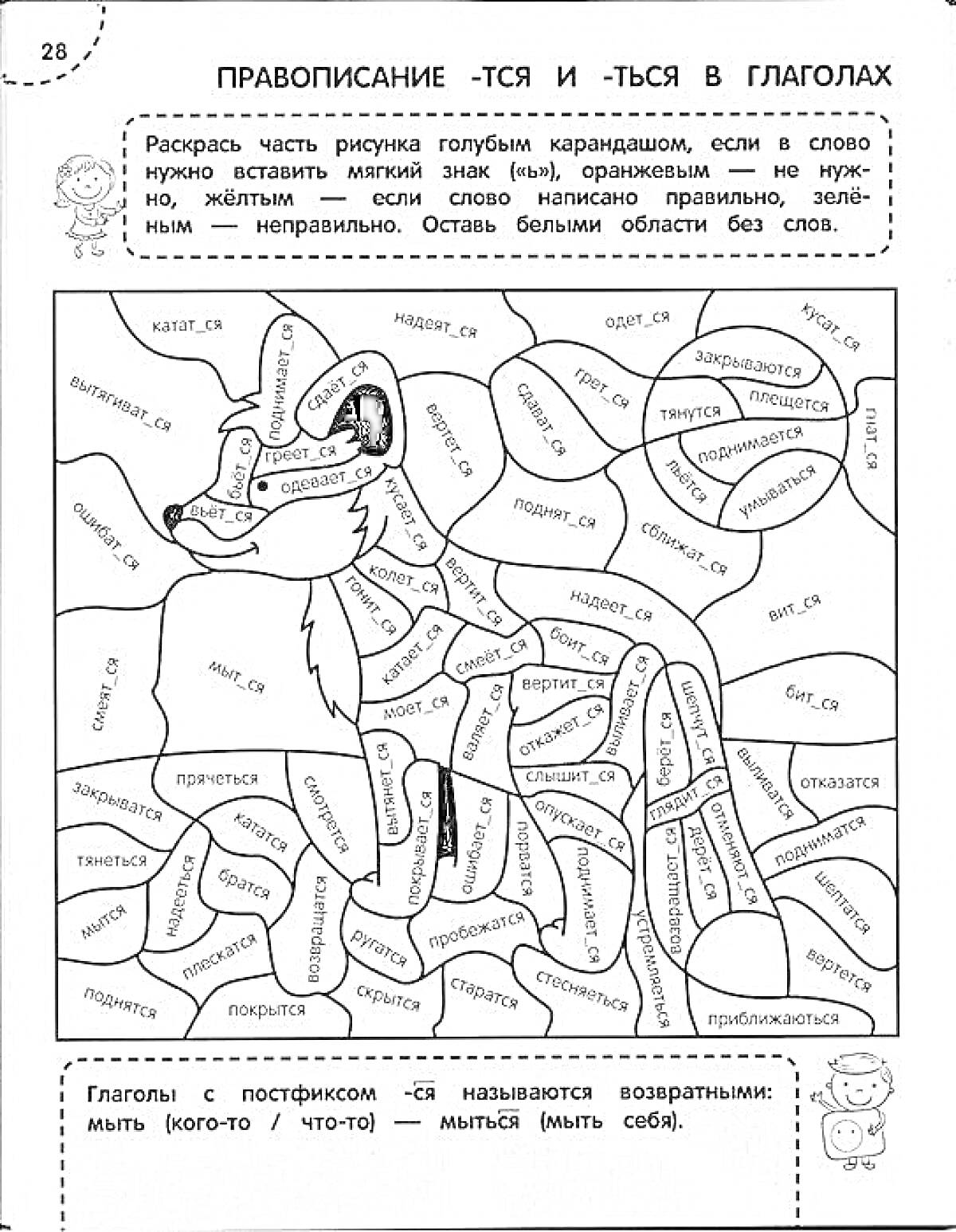 Раскраска Раскраска по русскому языку для 4 класса. Правописание -тся и -ться в глаголах. Раскрась часть рисунка голубым карандашом, если в слово нужно вставить мягкий знак (ь), оранжевым - не нужно. На картинке изображена собака, и в её основе слова, которые необх