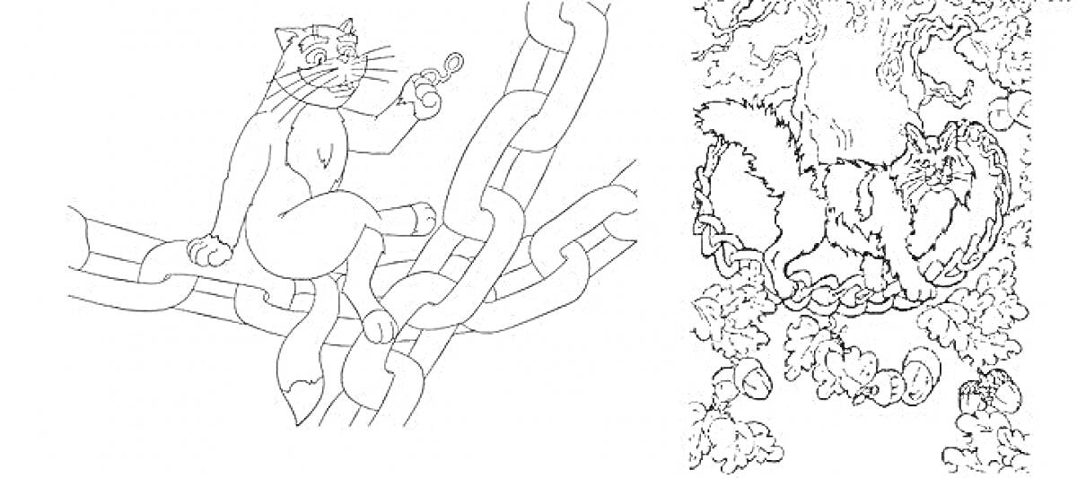 На раскраске изображено: Кот, Ученый кот, Цепь, Дуб, Белка, Лес, Иллюстрация, Лукоморье