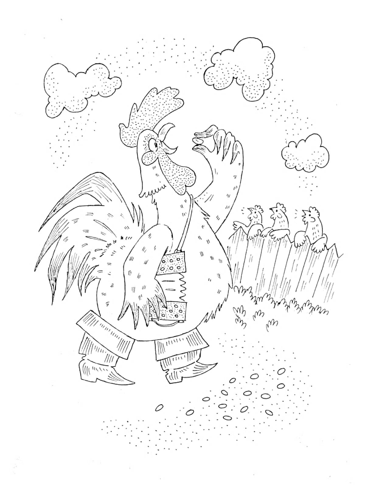 Раскраска Петушок с бобовым зернышком на фоне забора, облаков и цыплят