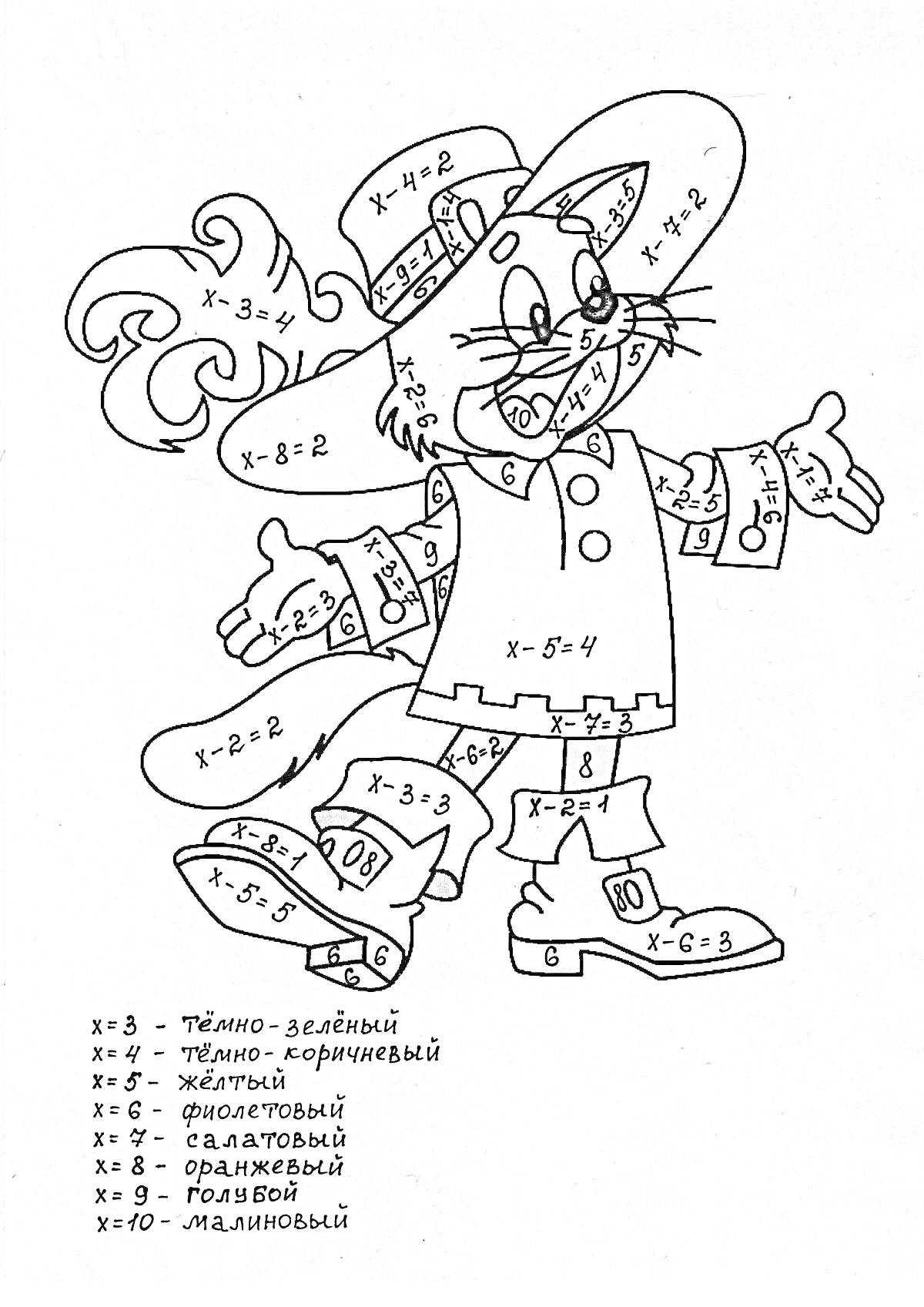 Раскраска Кот в шляпе и одежде с математическими задачами