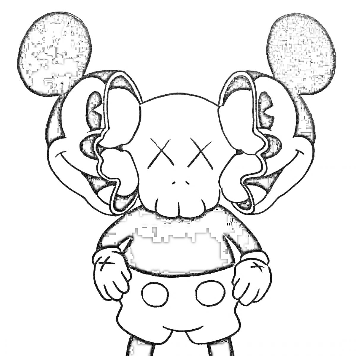 Раскраска Персонаж с черепом, имеющий уши и двойное лицо, стоящий с руками на бедрах