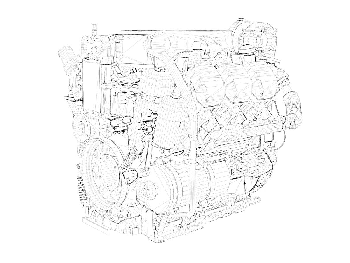 Детализированное изображение двигателя внутреннего сгорания с видимыми элементами, такими как ремни, цилиндры, фильтры и проводка