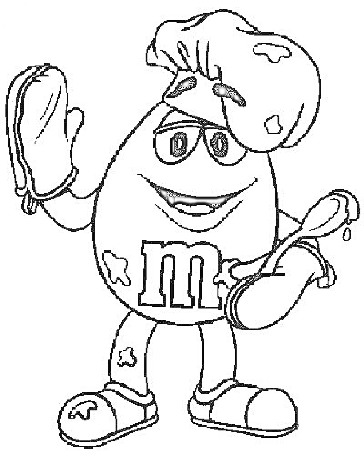 Раскраска M&M's с шеф-поварской шапкой, держащий духовочные перчатки
