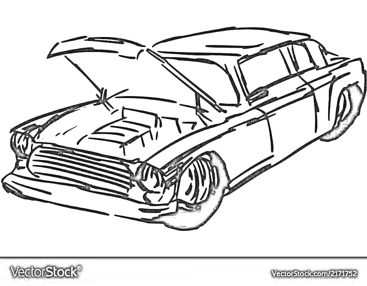 Раскраска Автомобиль с открытым капотом и повреждённой передней частью