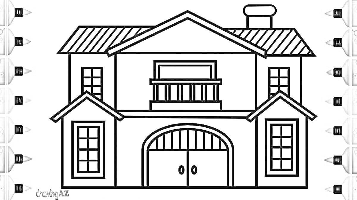Раскраска Двухэтажный дом с гаражом и балконом, двумя окнами на первом этаже и тремя на втором этаже, двускатной крышей и дымоходом