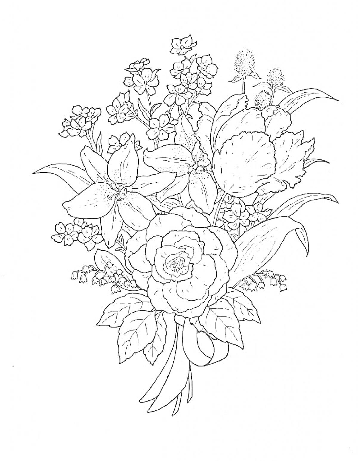 На раскраске изображено: Цветы, Лилии, Пионы, Розы, Листья, Мелкие цветы, Природа