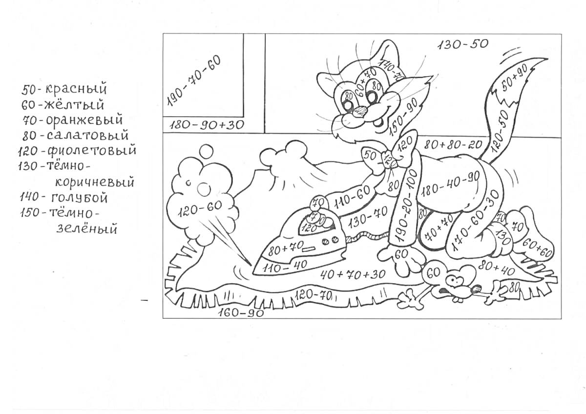 На раскраске изображено: Кот, Мышь, Математика, Примеры, 3 класс, Облака, Вулкан