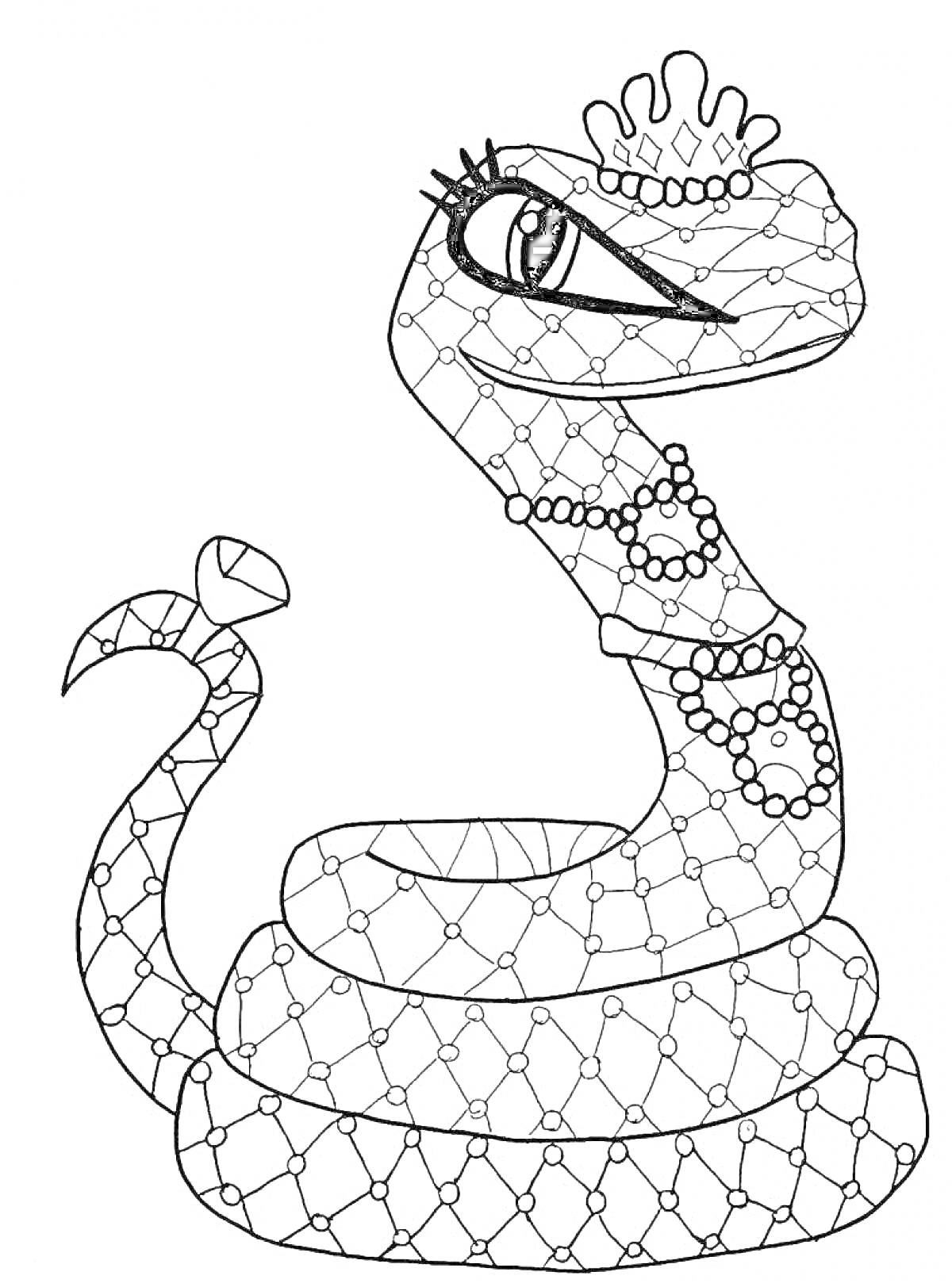 Раскраска Змея с короной, ожерельями и бантом на хвосте