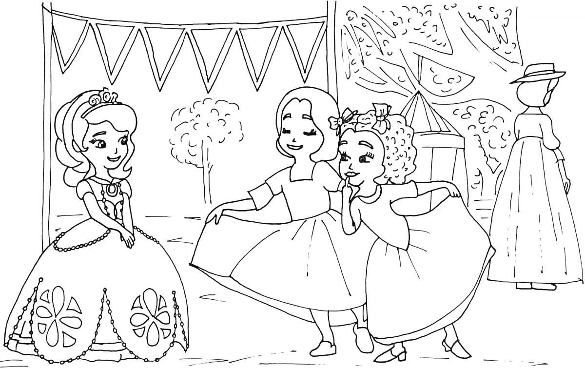 На раскраске изображено: Принцесса, Ярмарка, Деревья, Палатка, Женщина, Шляпа, Детство