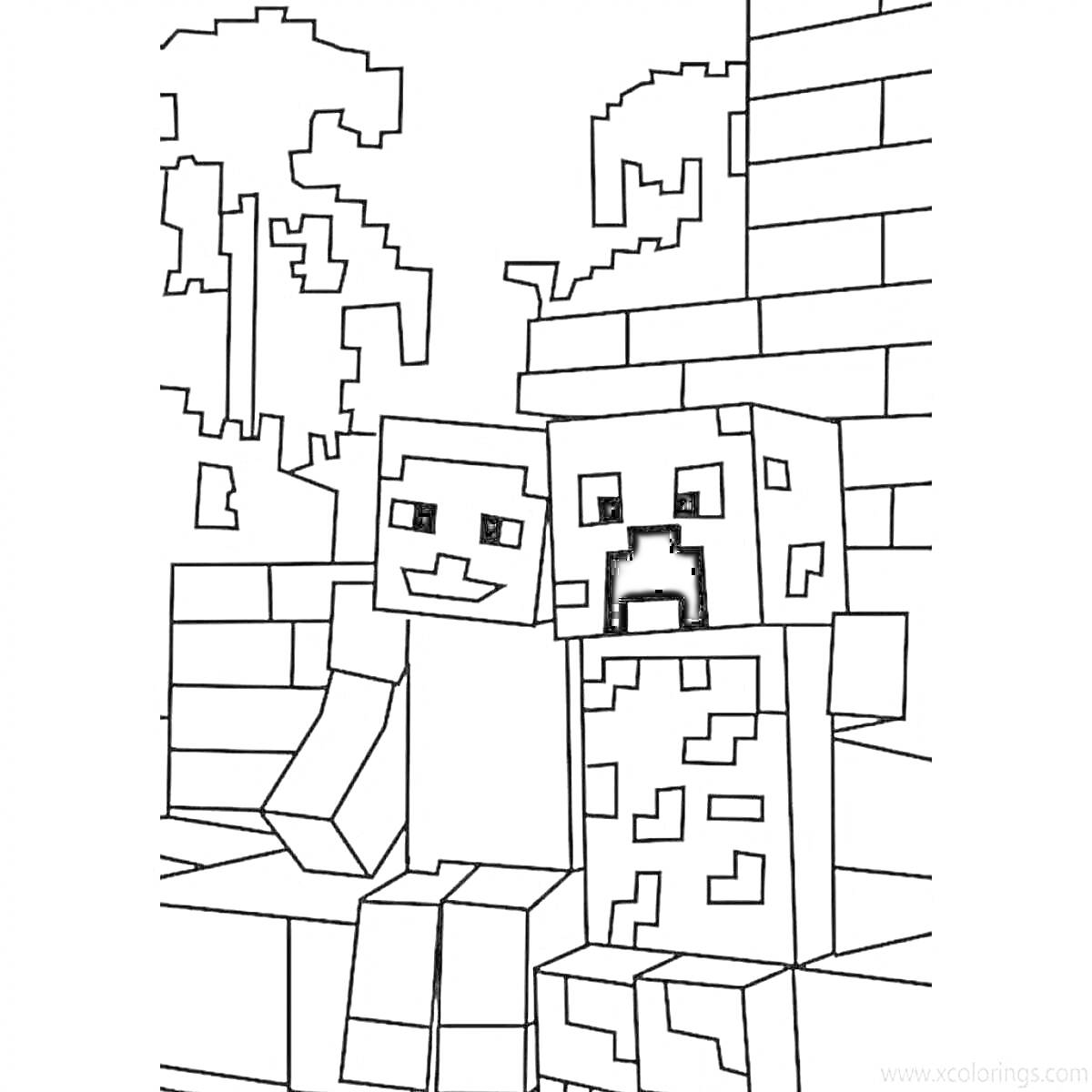 На раскраске изображено: Крипер, Человек, Блоки, Деревья, Постройки, Minecraft