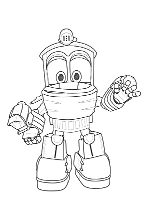 Раскраска Робот поезд с защитной повязкой на лице, с лапами и ногами, с фонариком на лбу, с поднятой рукой