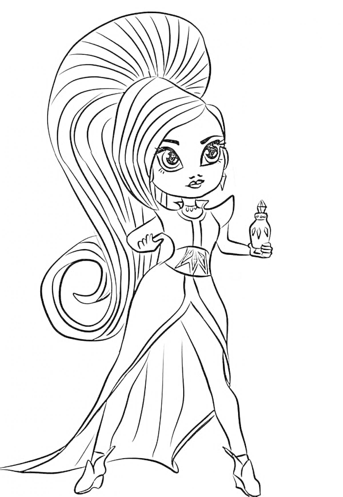 Девочка с длинными волосами, в платье, с бутылочкой в руке.