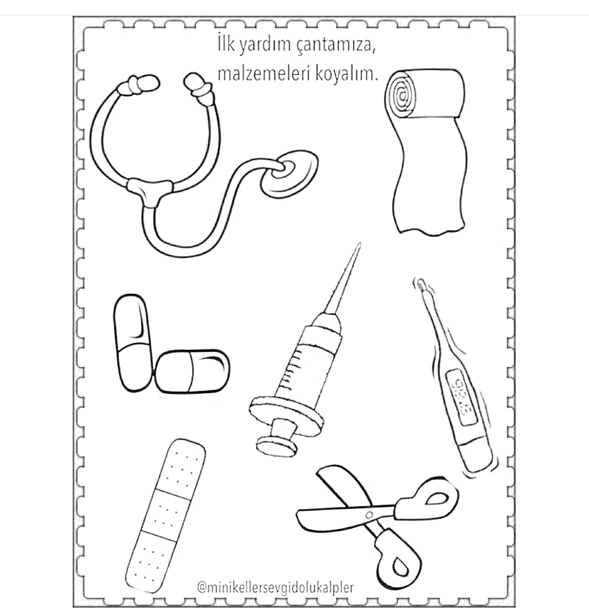 Раскраска Стетоскоп, бинт, таблетки, шприц, термометр, пластырь, ножницы
