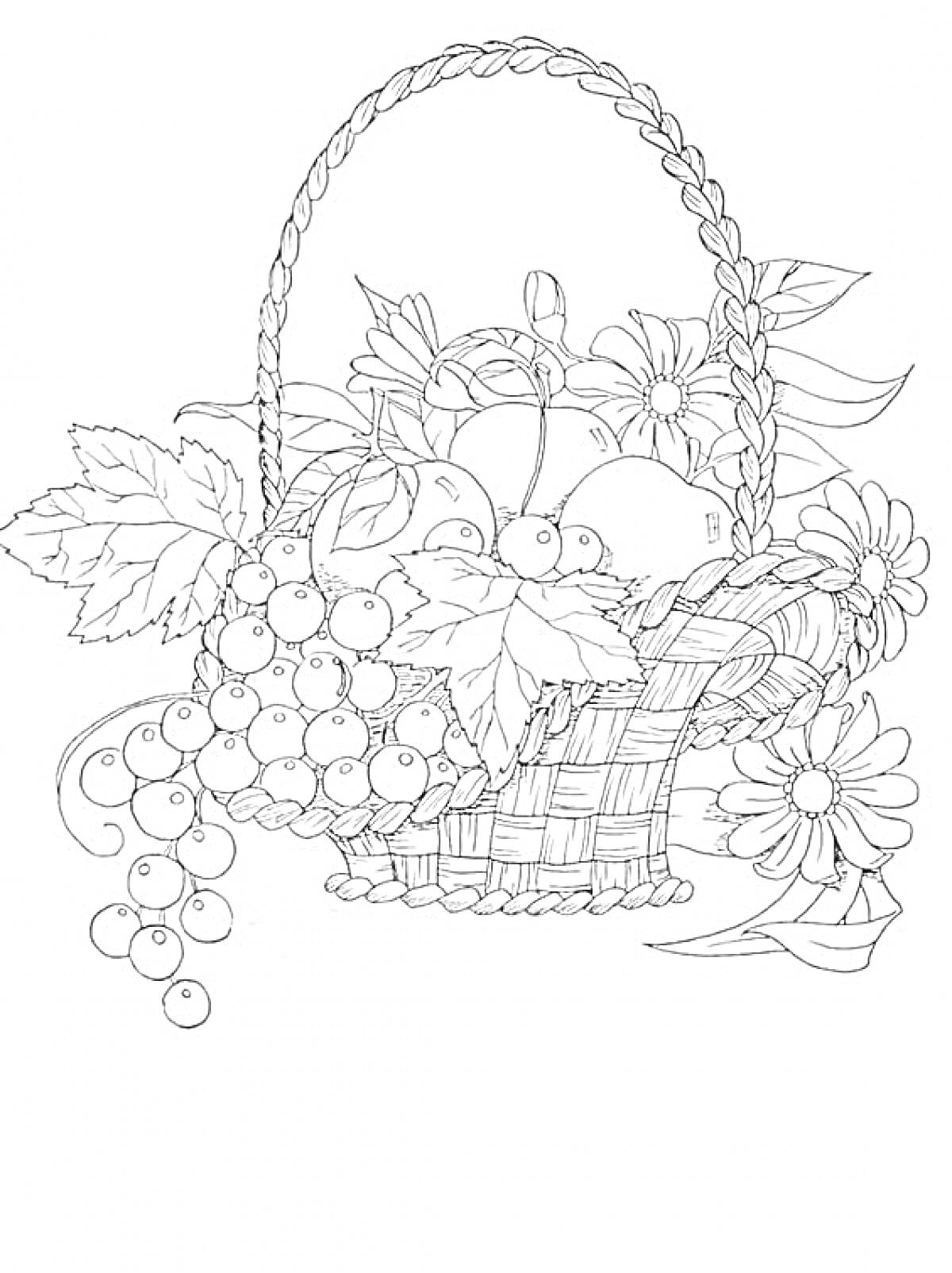 Раскраска Плетеная корзина с фруктами, цветами и листьями