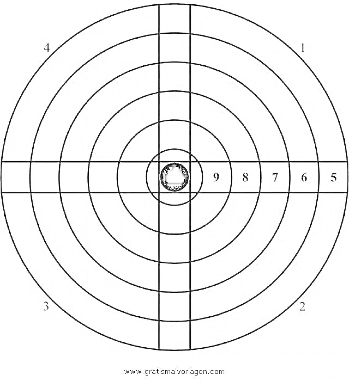 Раскраска мишень для стрельбы с концентрическими кругами, номерами от 1 до 9, с черной центральной зоной