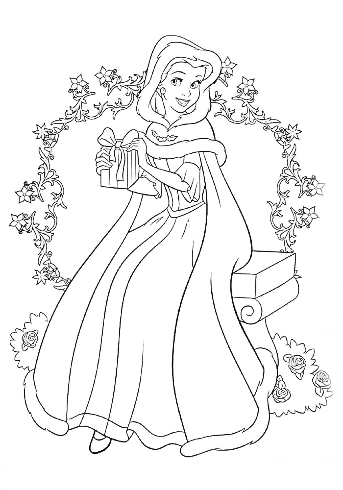 Раскраска Принцесса с подарком на фоне цветочной арки и каменной скамьи