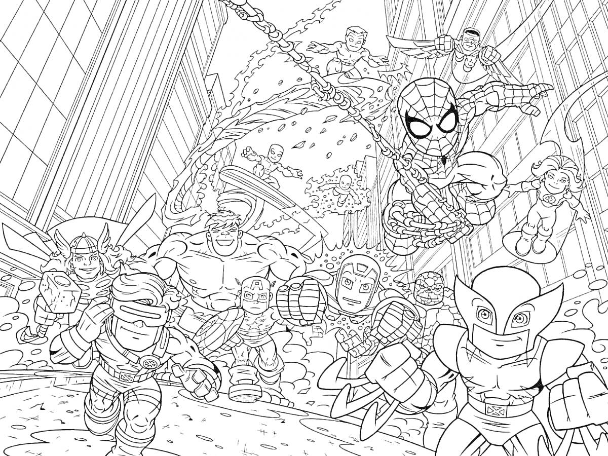 На раскраске изображено: Человек-паук, Супергерои, Команда, Небоскребы, Полет, Паутина, Битва