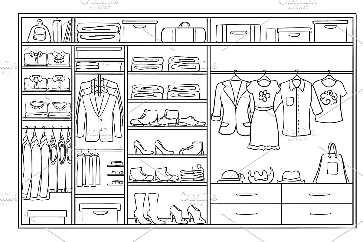 На раскраске изображено: Магазин одежды, Рубашки, Брюки, Обувь, Полки, Ящики, Гардероб