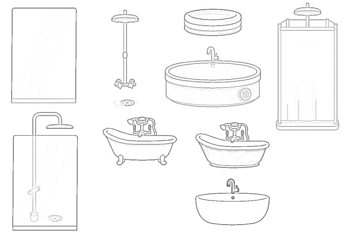 На раскраске изображено: Зеркало, Душ, Ванна, Умывальник, Душевая кабина