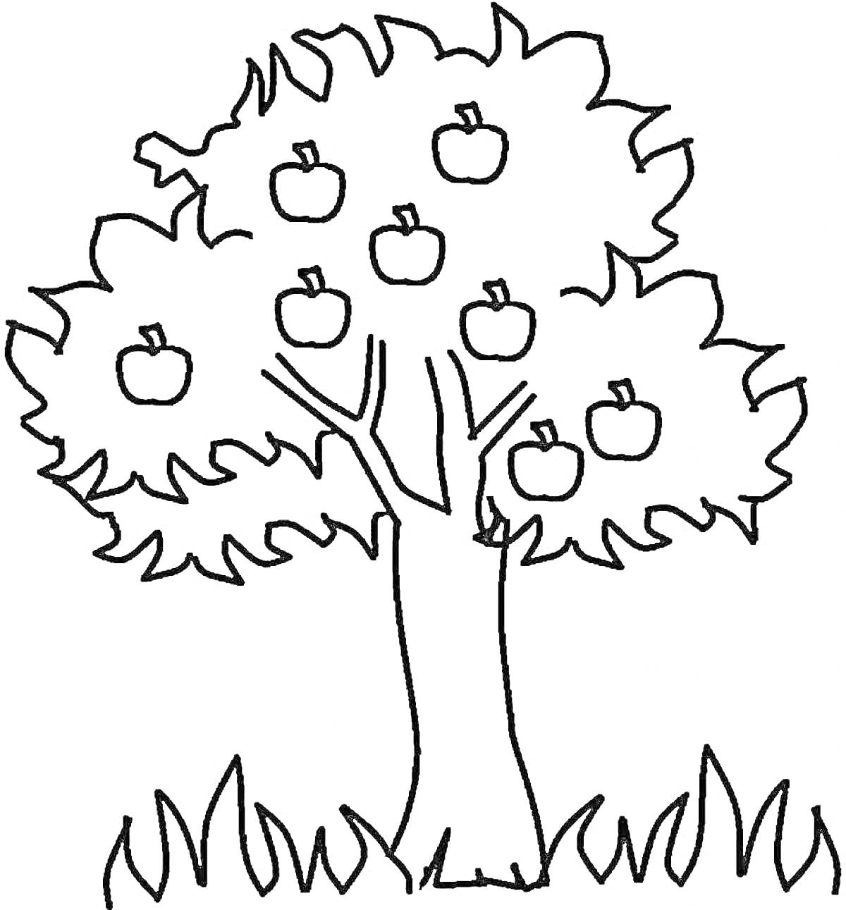 На раскраске изображено: Трава, Для детей, Природа, Фрукты, Яблоня, Яблоко, Деревья