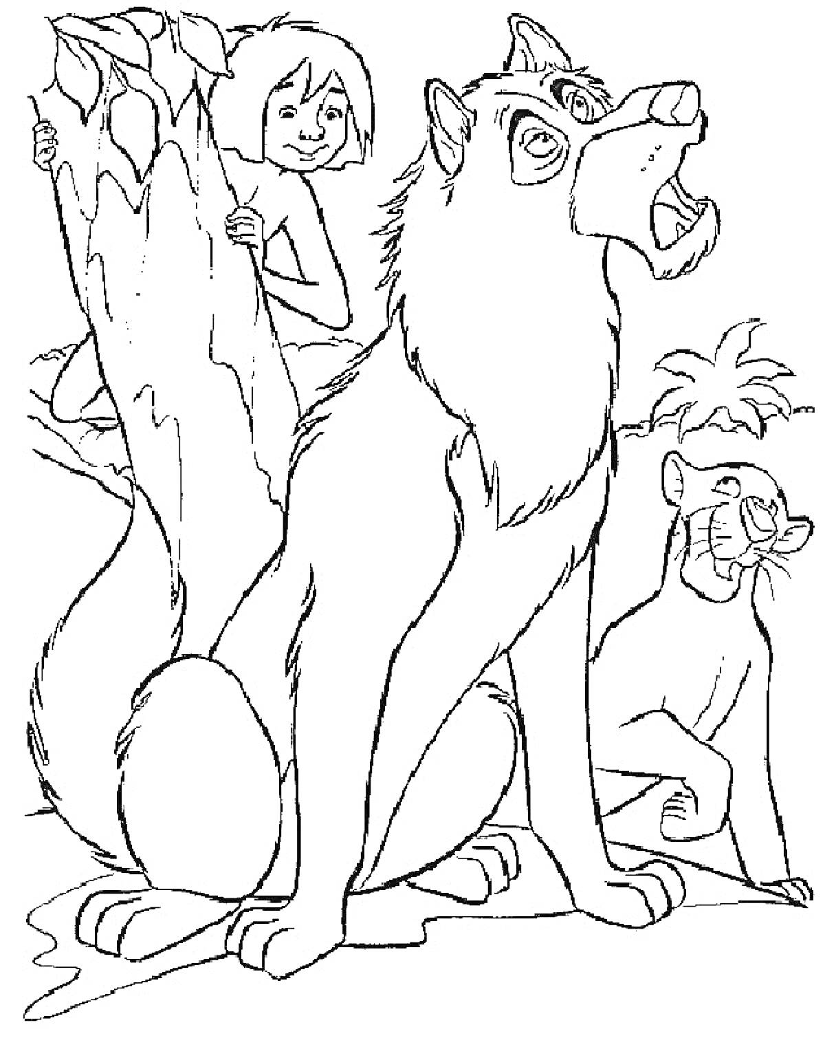 На раскраске изображено: Книга джунглей, Мальчик, Волк, Пантера, Джунгли, Природа, Деревья, Животные, Растения