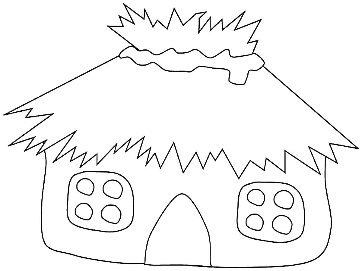 Раскраска Домик с соломенной крышей и четырьмя окнами