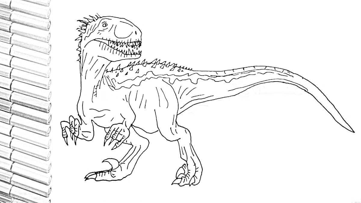 Раскраска раскраска с изображением динозавра скорпиус рекс и карандашей