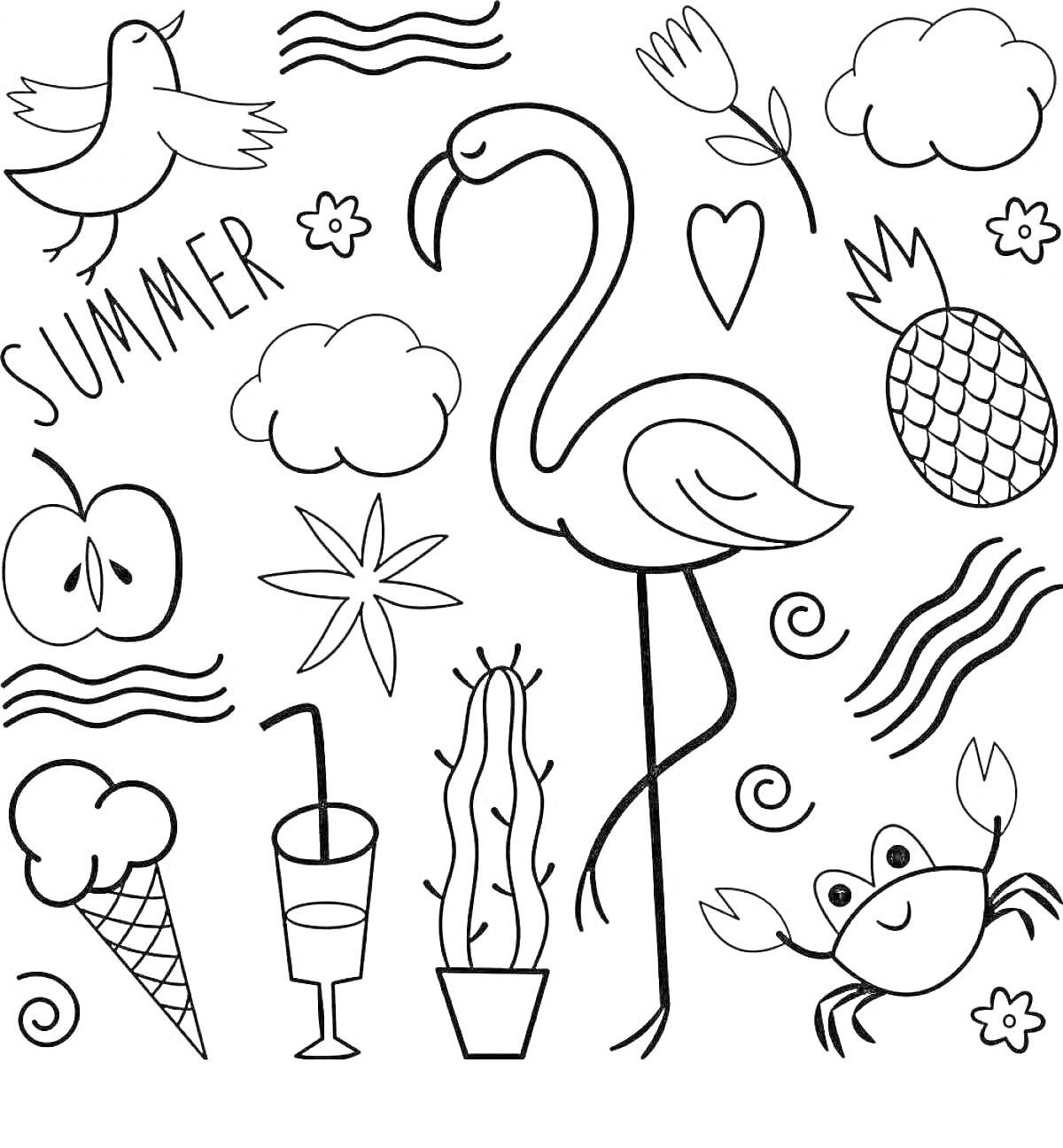 На раскраске изображено: Фламинго, Мороженое, Краб, Напиток, Ананас, Цветы, Облака, Лето