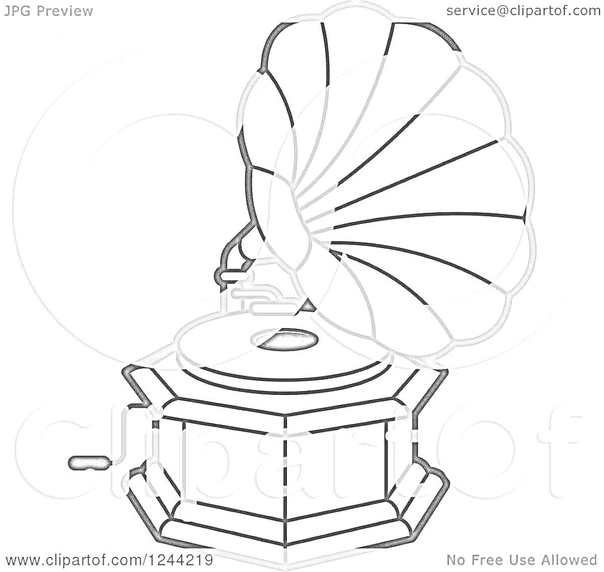 Раскраска Граммофон с круглым диском и большой раструбной трубой