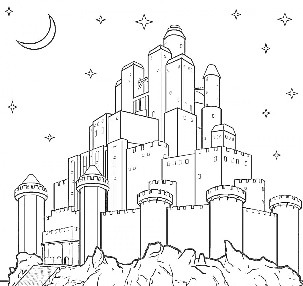 На раскраске изображено: Замок, Башни, Ночное небо, Звезды, Луна, Крепость, Архитектура, Скалы