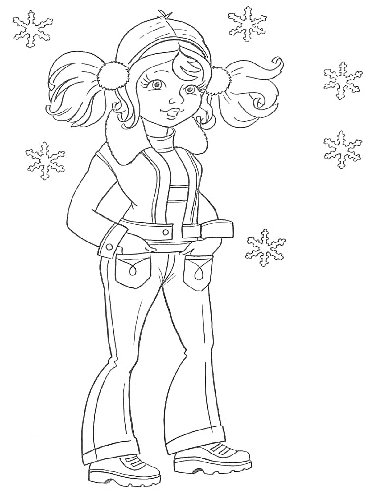 Раскраска Девочка в зимней одежде с пятью снежинками вокруг