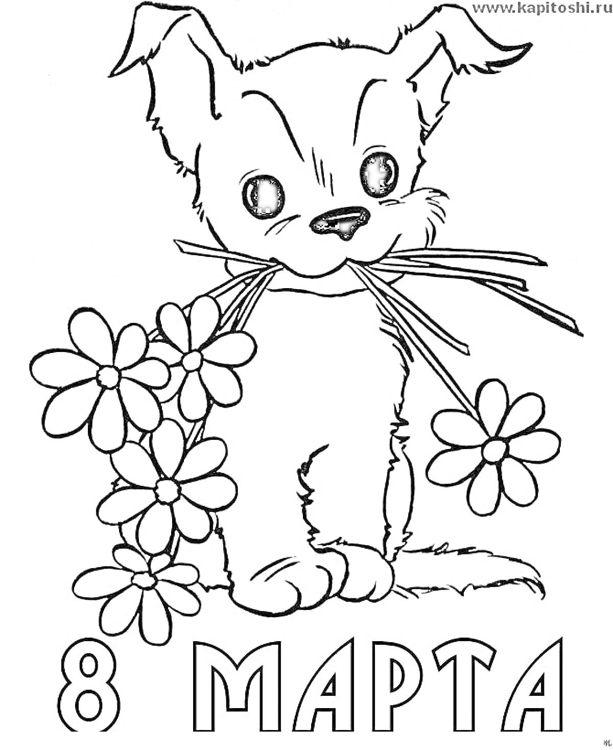 На раскраске изображено: 8 марта, Международный женский день, Цветы, Весна, Собака, Поздравительная открытка, Праздники