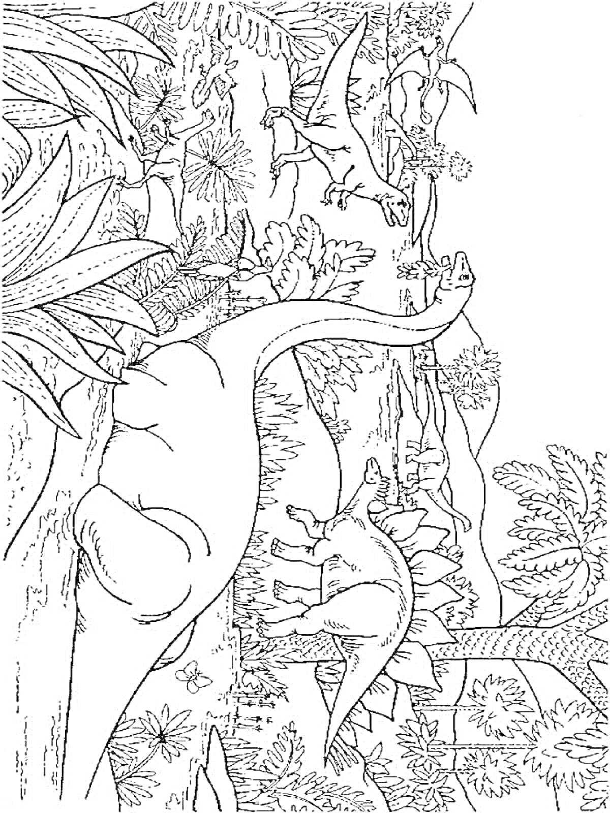 На раскраске изображено: Стегозавр, Птеродактиль, Деревья, Для детей, Динозавр