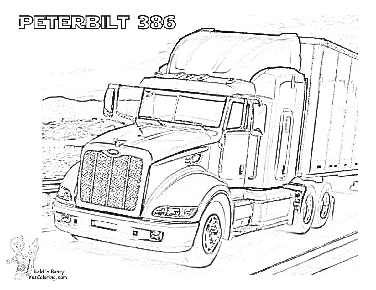 Фура Peterbilt 386 на дороге, дорога, природа на заднем плане, текст 